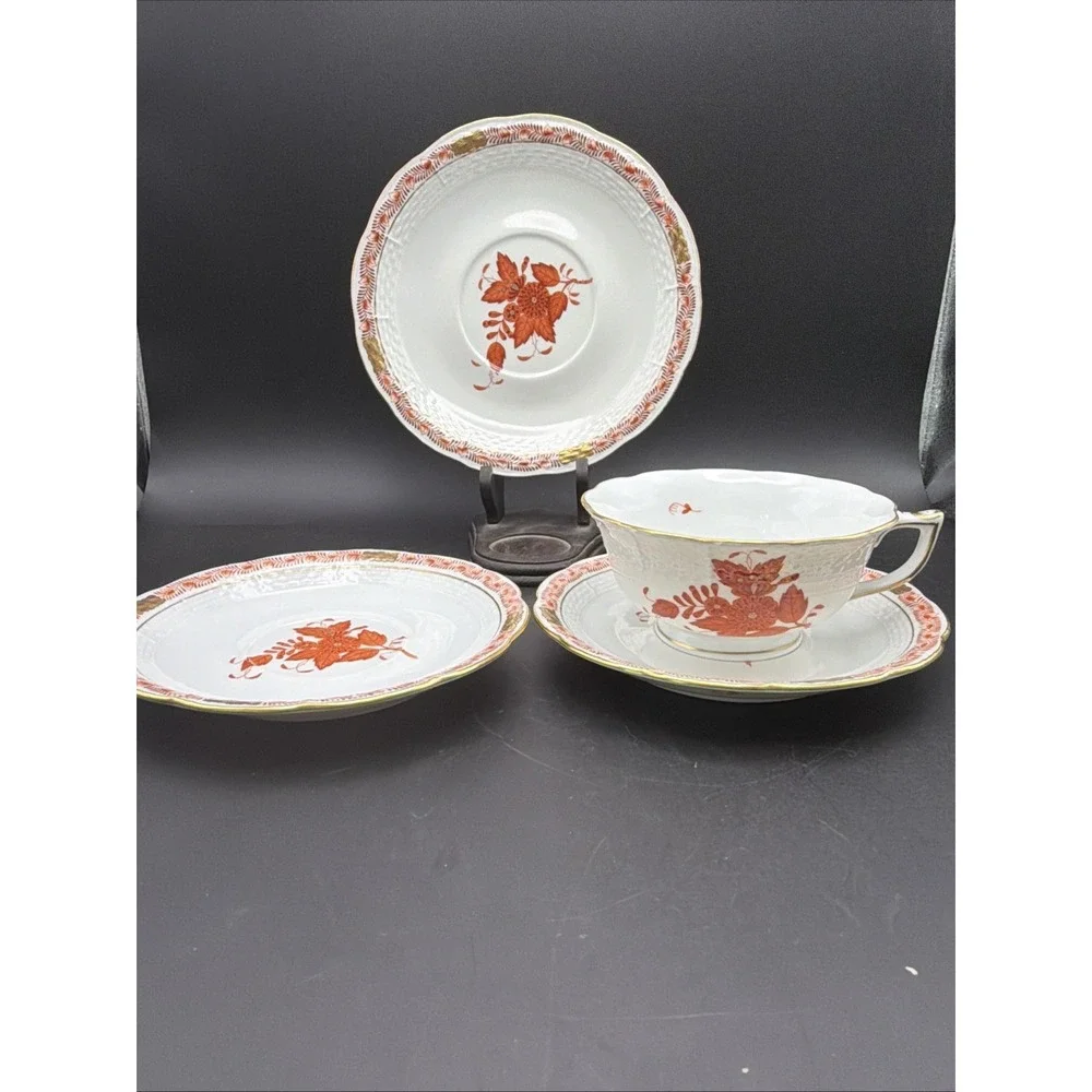 Herend Apponyi Orange Chinese Bouquet 4pc Teacup & Saucers Porcelain Hungary