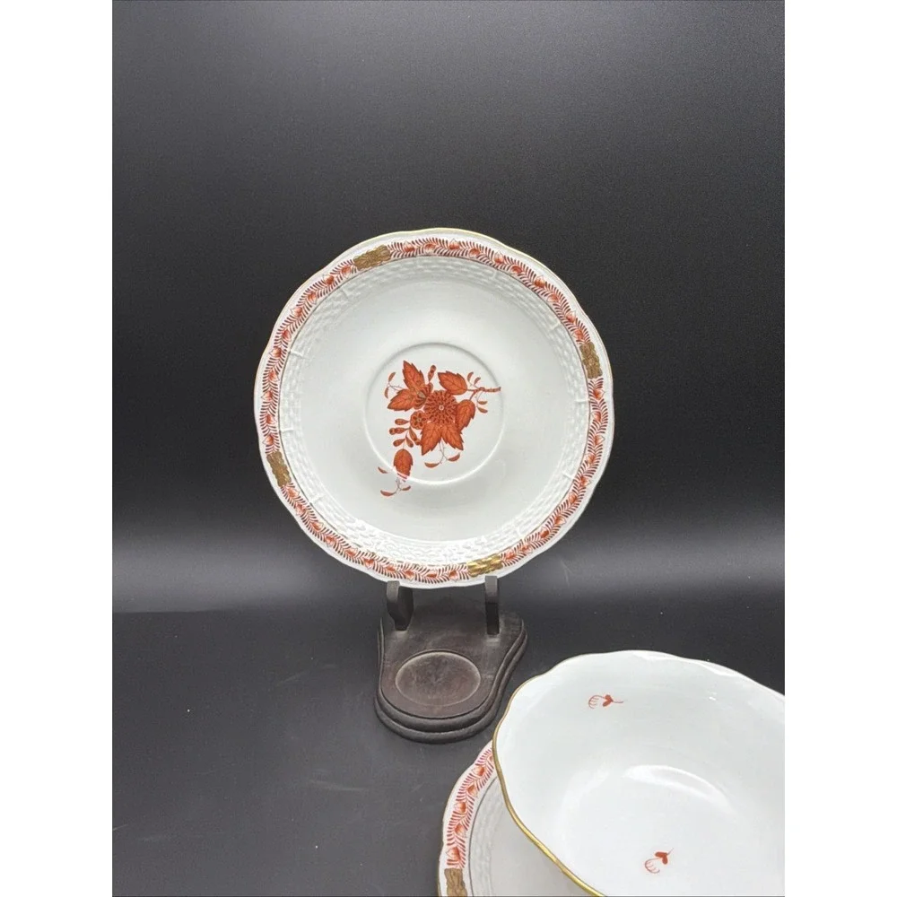 Herend Apponyi Orange Chinese Bouquet 4pc Teacup & Saucers Porcelain Hungary