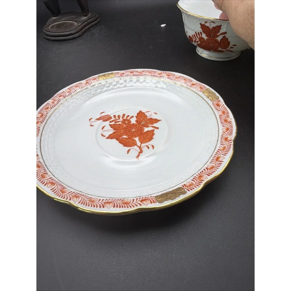 Herend Apponyi Orange Chinese Bouquet 4pc Teacup & Saucers Porcelain Hungary
