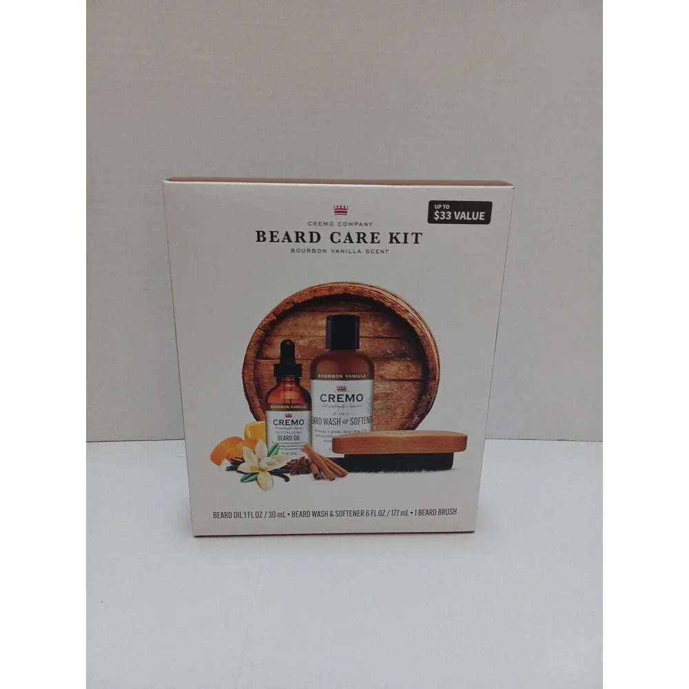 Cremo 3-pc Men's Beard Grooming Kit,‎ Wash/Softener, Oil, Brush, Bourbon Vanilla