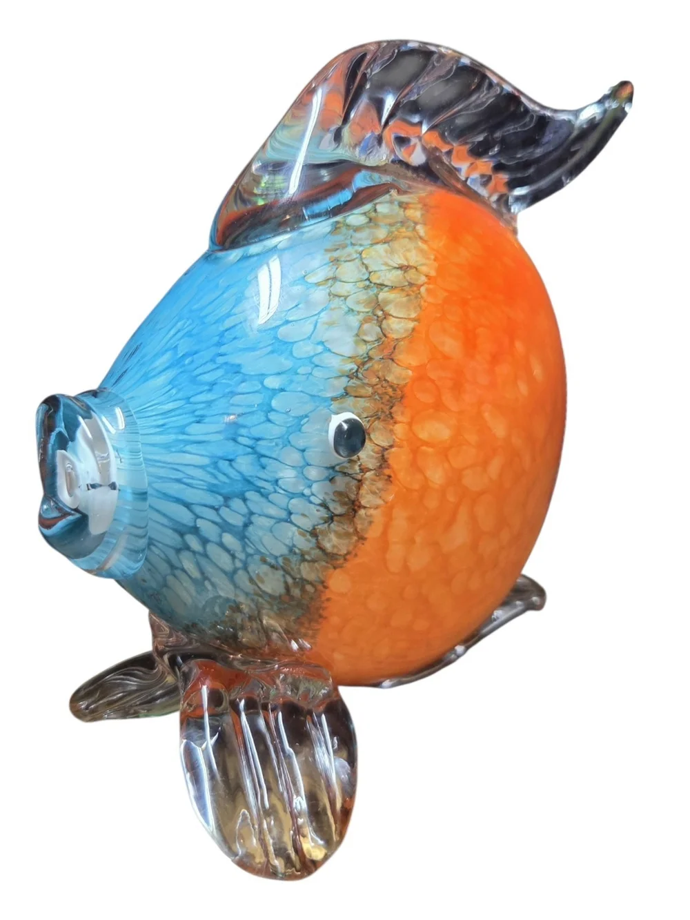 Handblown Glass Fish Figurine - Orange and Blue Decorative Accent