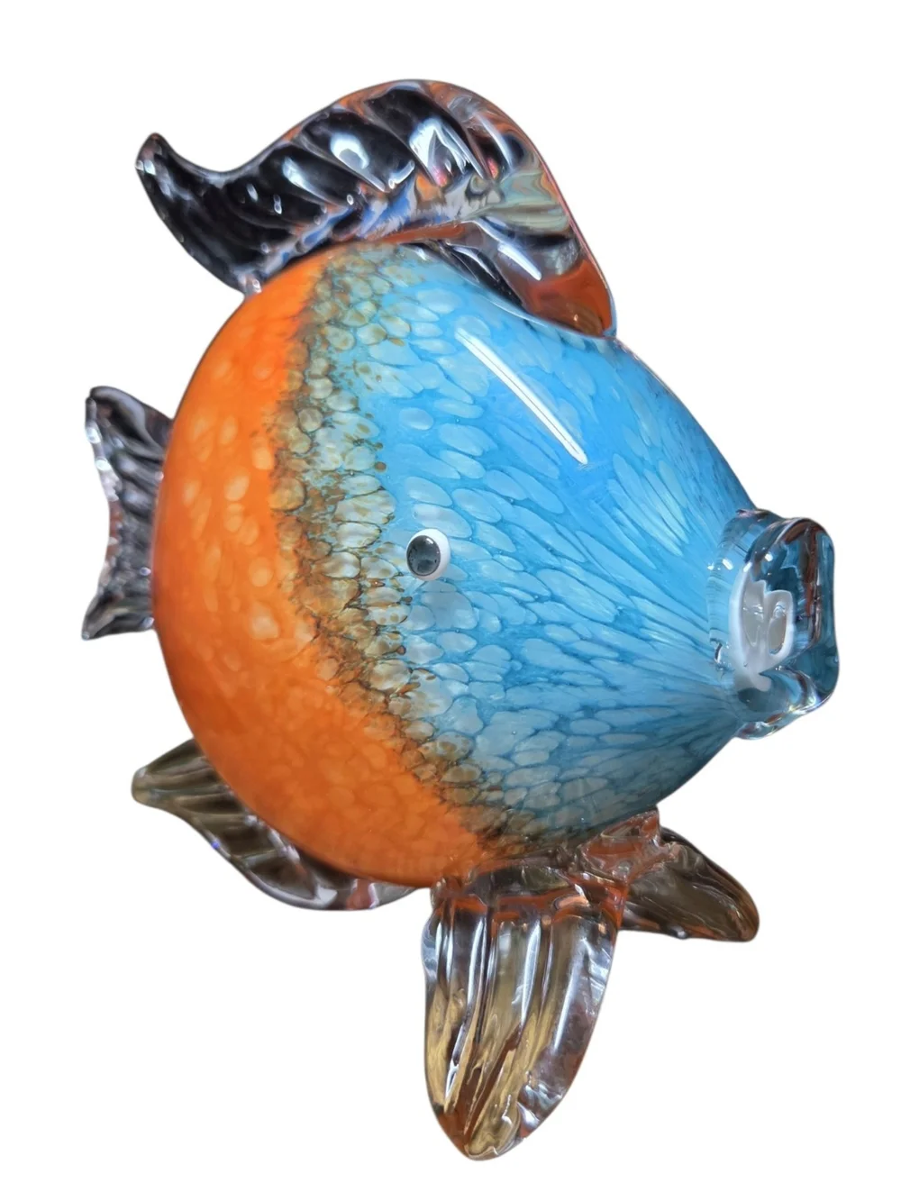 Handblown Glass Fish Figurine - Orange and Blue Decorative Accent