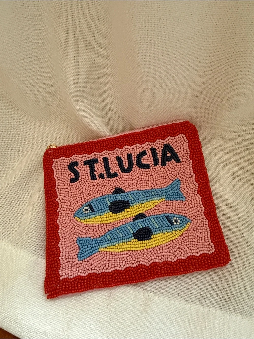 St. Lucia Beaded Fish Pouch - Pink and Red