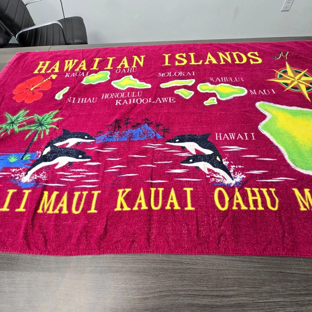 Favant‎ Hawaiian Islands Beach Towel Pink Cotton Map Maui Kauai Dolphins 62x37