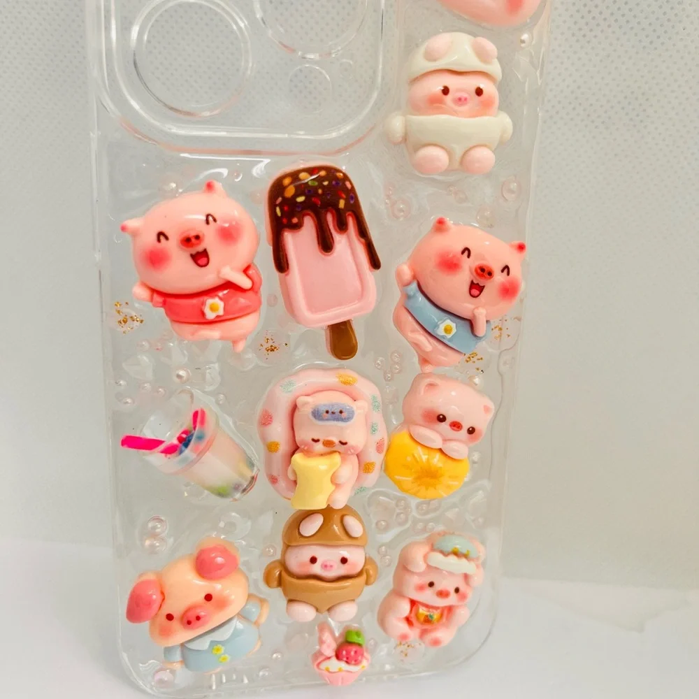 Cute Kawaii Pig 3D Decoden Clear Phone Case - Pink Accents Handmade
