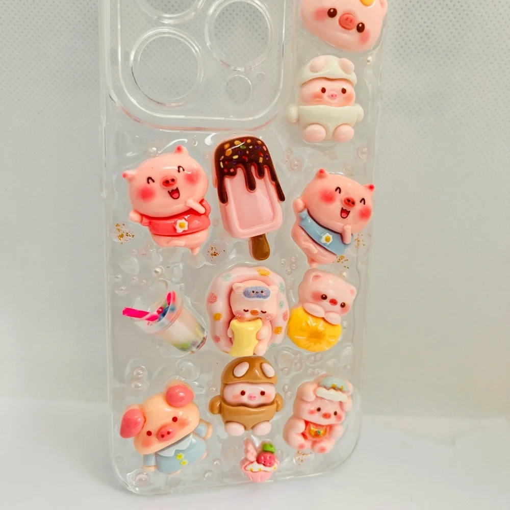 Cute Kawaii Pig 3D Decoden Clear Phone Case - Pink Accents Handmade