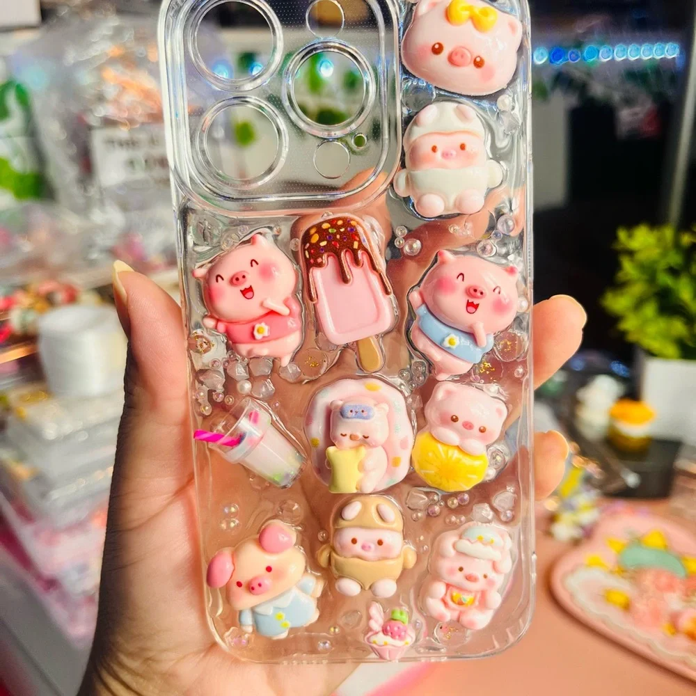 Cute Kawaii Pig 3D Decoden Clear Phone Case - Pink Accents Handmade
