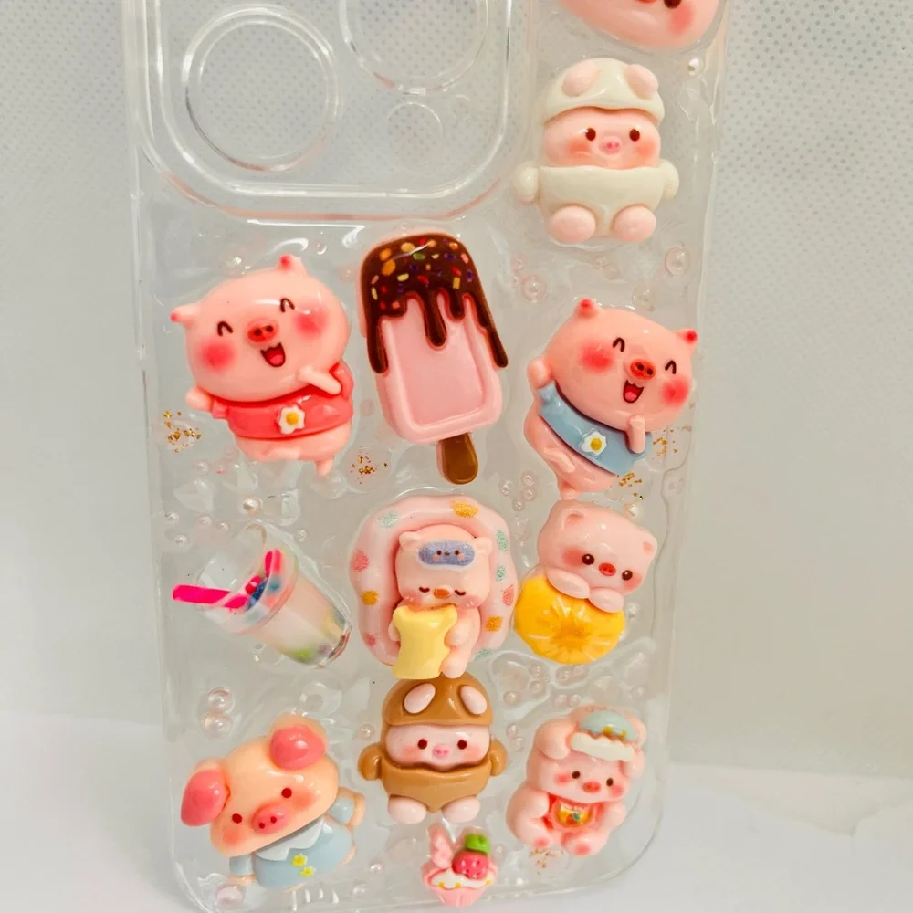Cute Kawaii Pig 3D Decoden Clear Phone Case - Pink Accents Handmade