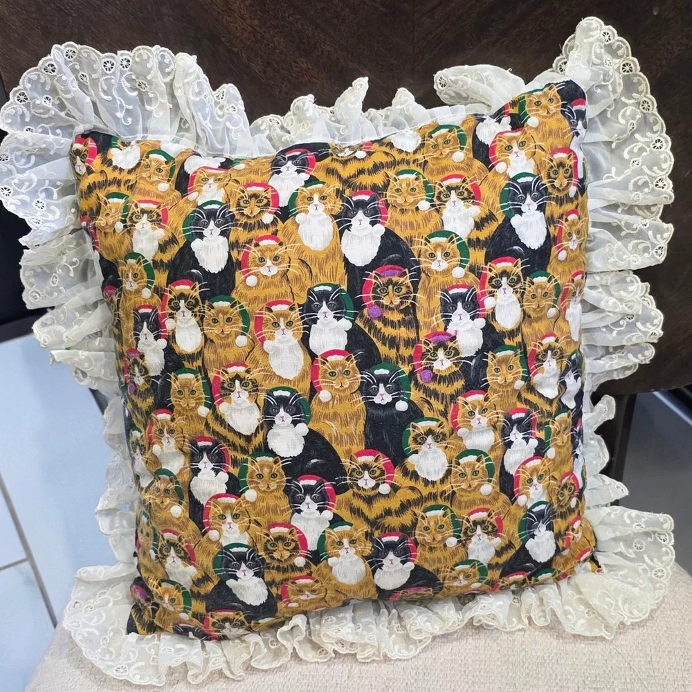 Vintage Christmas Cat Throw Pillow Eyelet Lace Ruffle Santa Hat Tuxedo Tabby 12