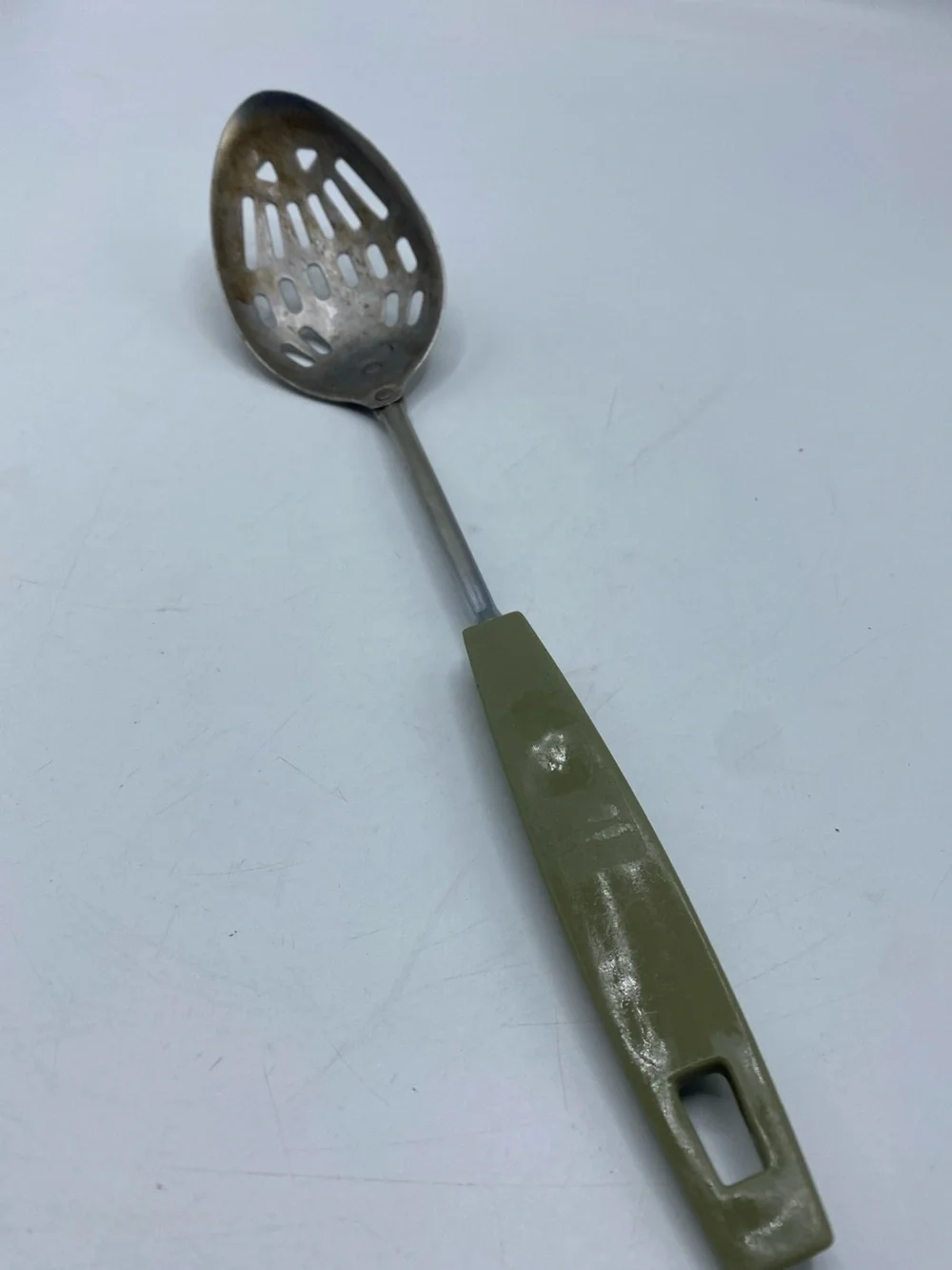 Vintage Ekco Slotted Spoon Utensil 12” Chromium Avocado Handled Metal 1970