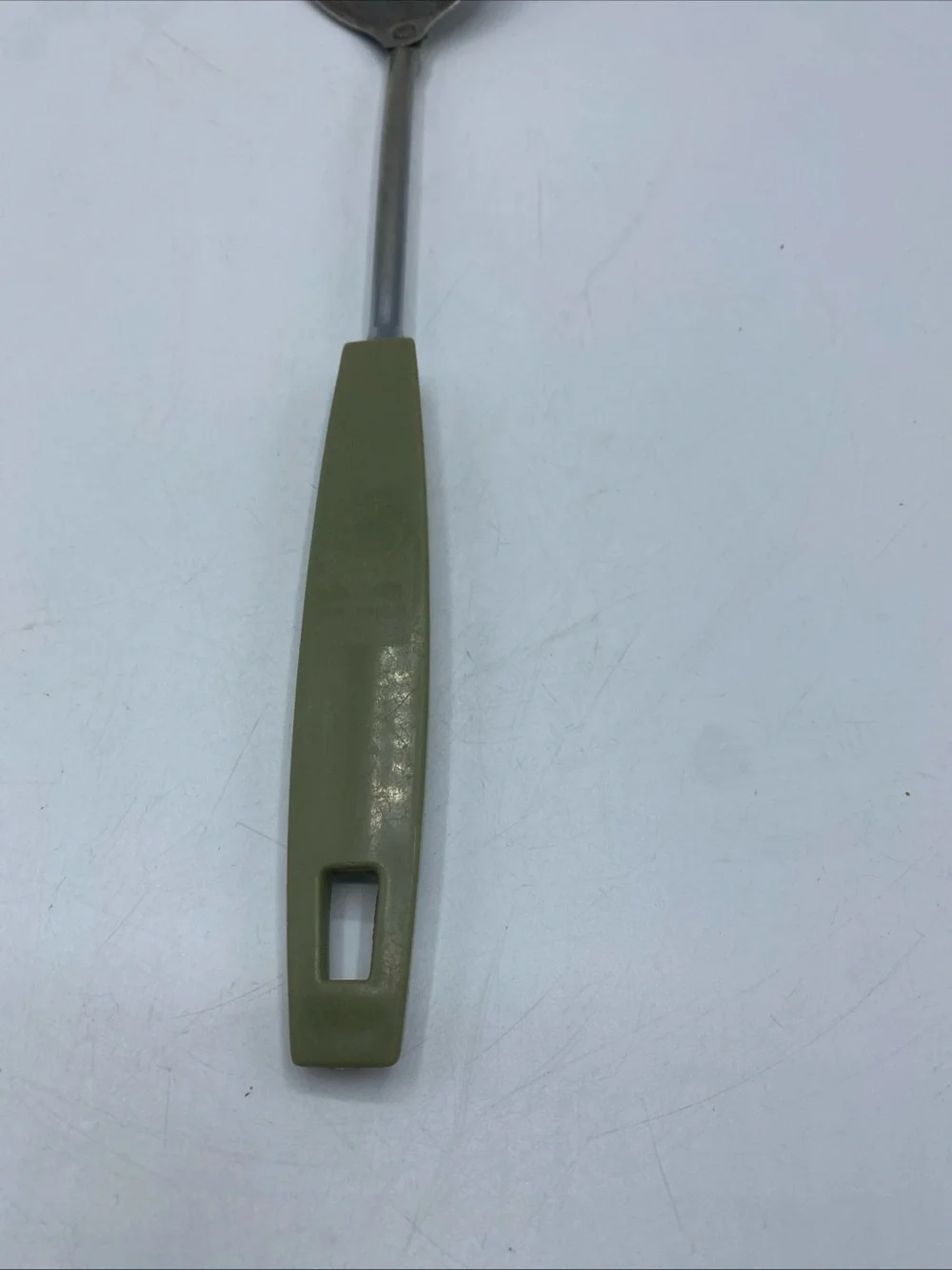 Vintage Ekco Slotted Spoon Utensil 12” Chromium Avocado Handled Metal 1970