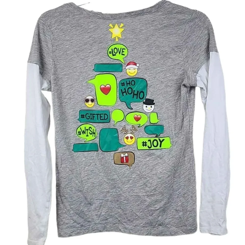 Justice Christmas Tree Girls 14 Emoji Text Bubble Holiday T-Shirt Gray Tee Shirt