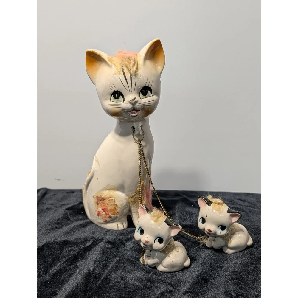 VTG Spaghetti‎ Cat Mom & Kittens Japan 1950s MCM Ceramic Kitsch Collectible Fig