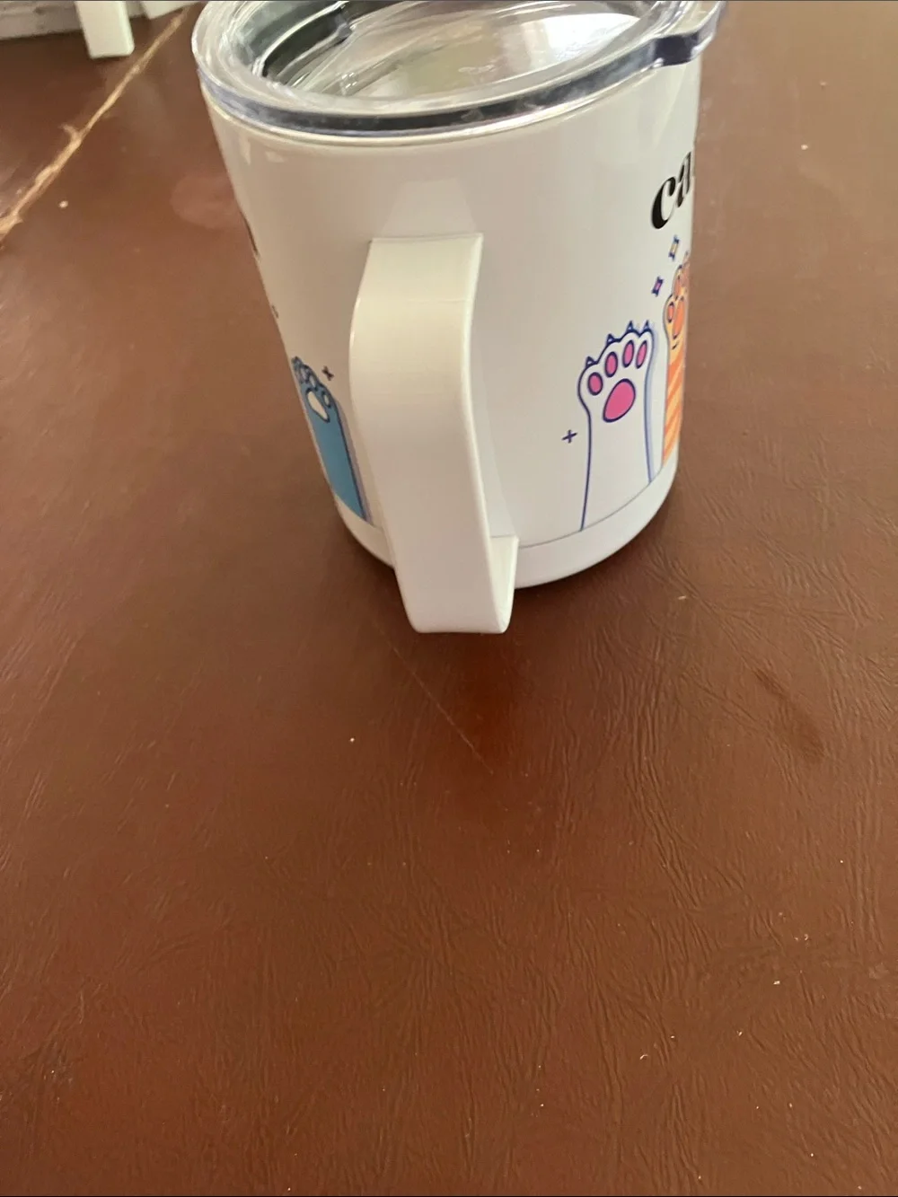 Cat Mom Insulated White Travel Mug with Multicolor Cat Paws