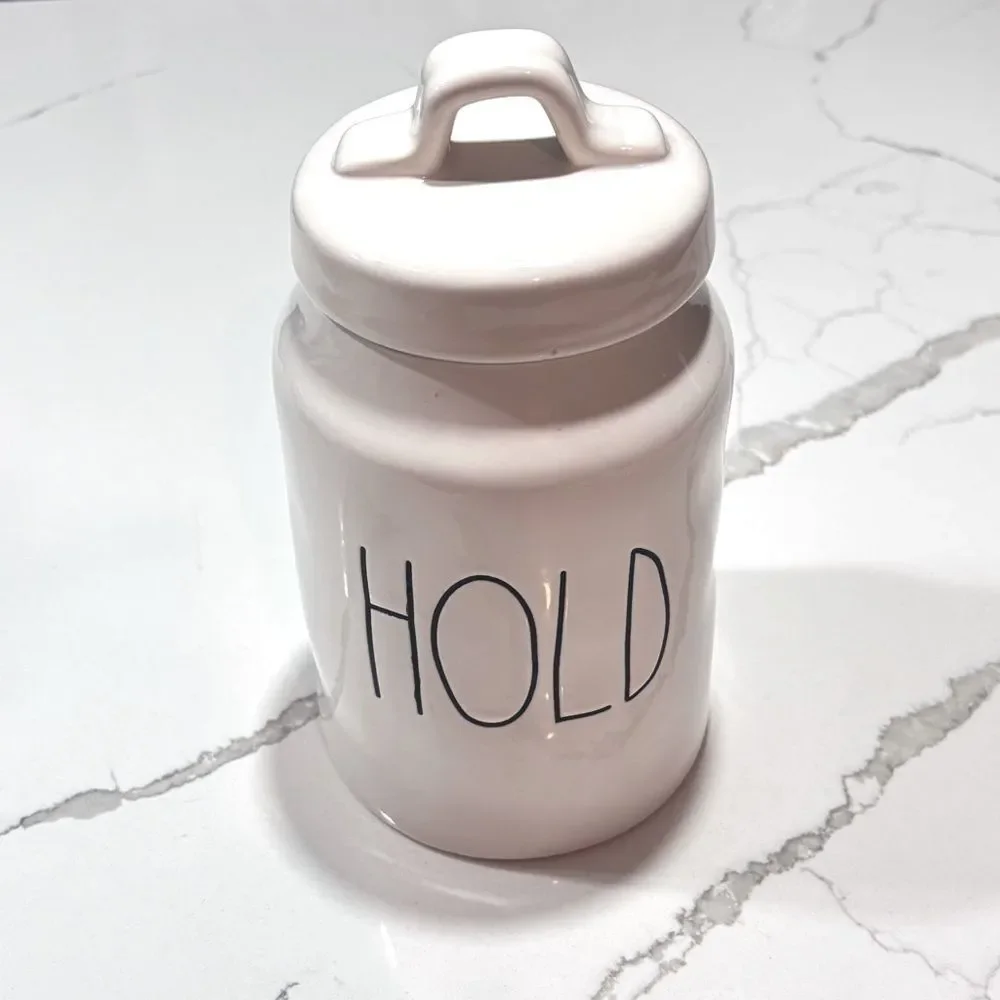 Rae Dunn Collection | White ‘HOLD’ Jar Canister Container with Lid