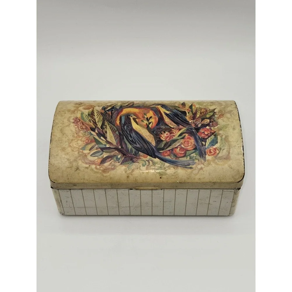 Vintage Metal Storage Tin‎ Box Bird Floral Design Hinged Lid 6.5