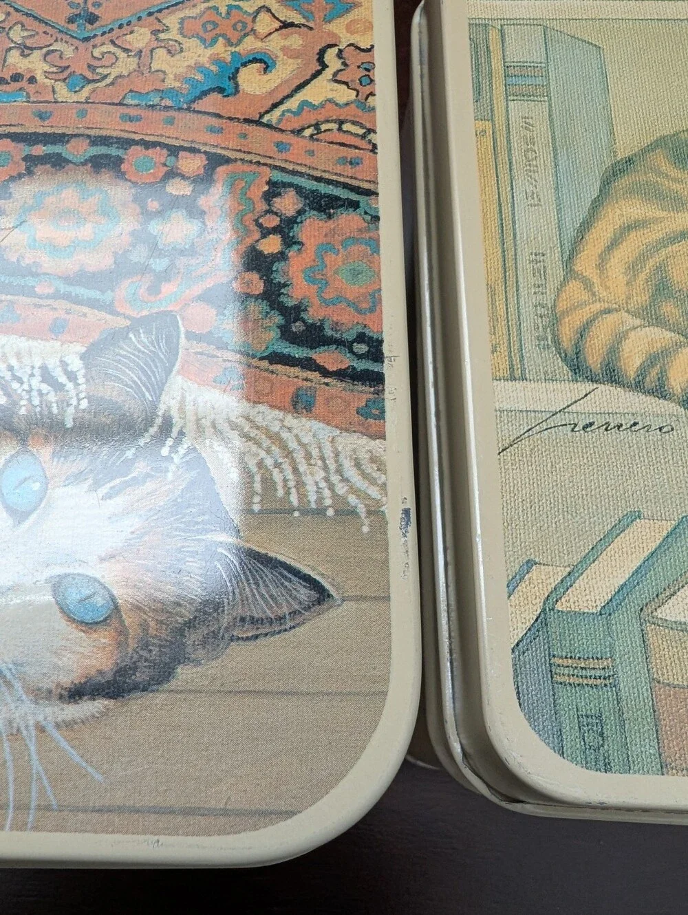 Vintage 1982 Lowell Herrero Stacking Kitty Cat Tin Box With Lids Set Of 2