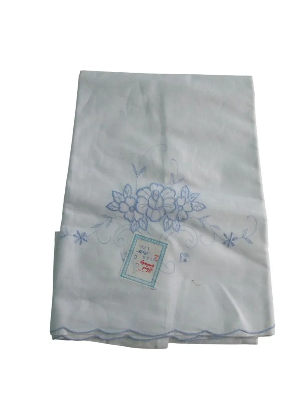 Hand Embroidered White Std Pillowcase Pair Blue Floral Design Scalloped Edges Ne