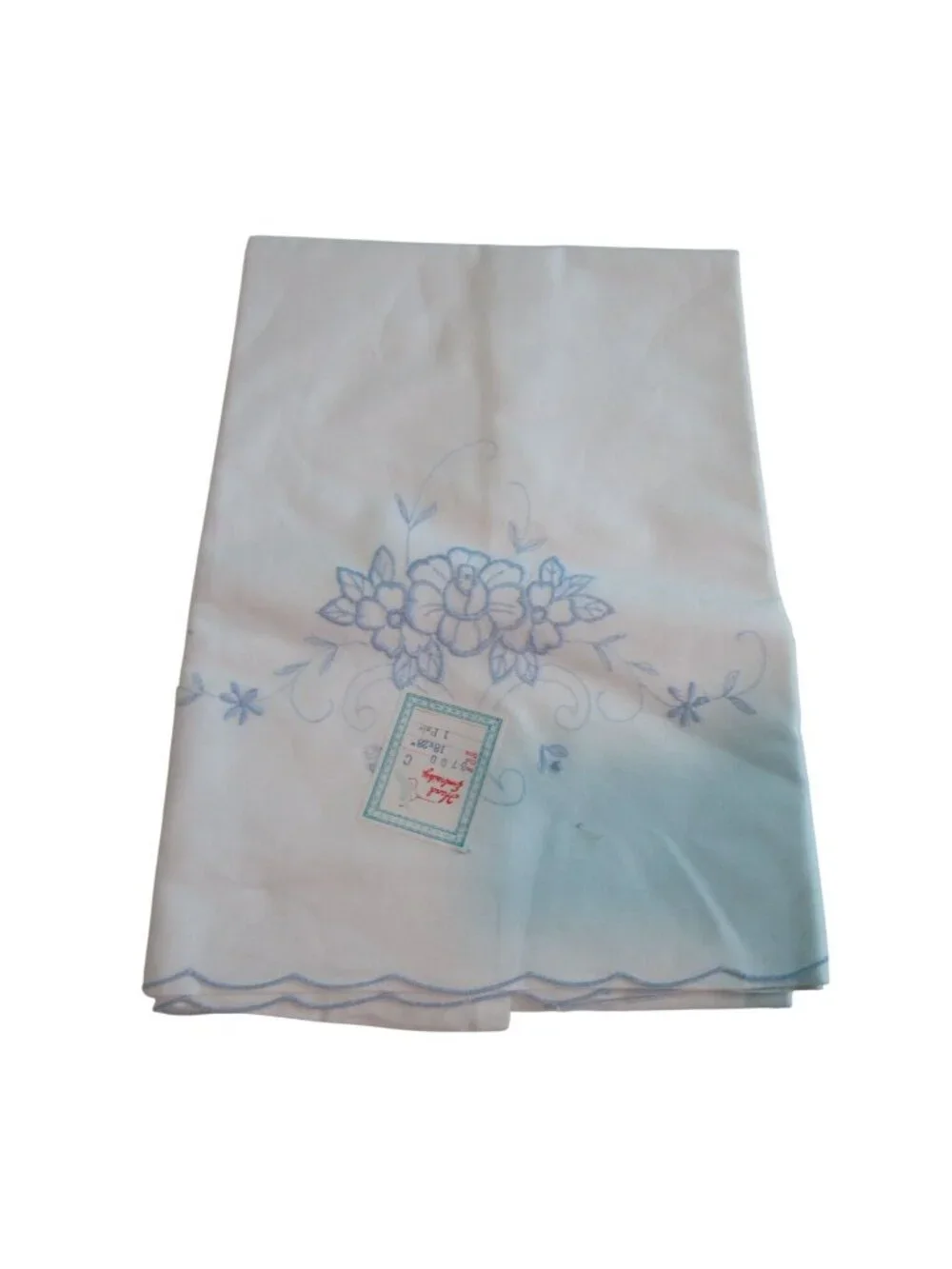 Hand Embroidered White Std Pillowcase Pair Blue Floral Design Scalloped Edges Ne