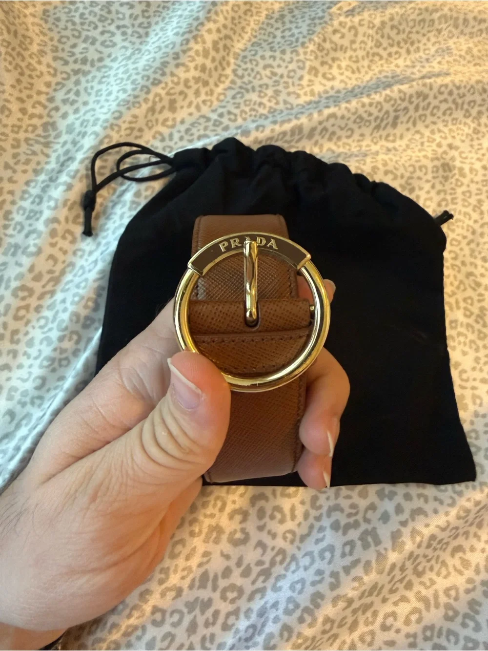Prada Tan Saffiano Leather Belt with Gold Round Logo Buckle