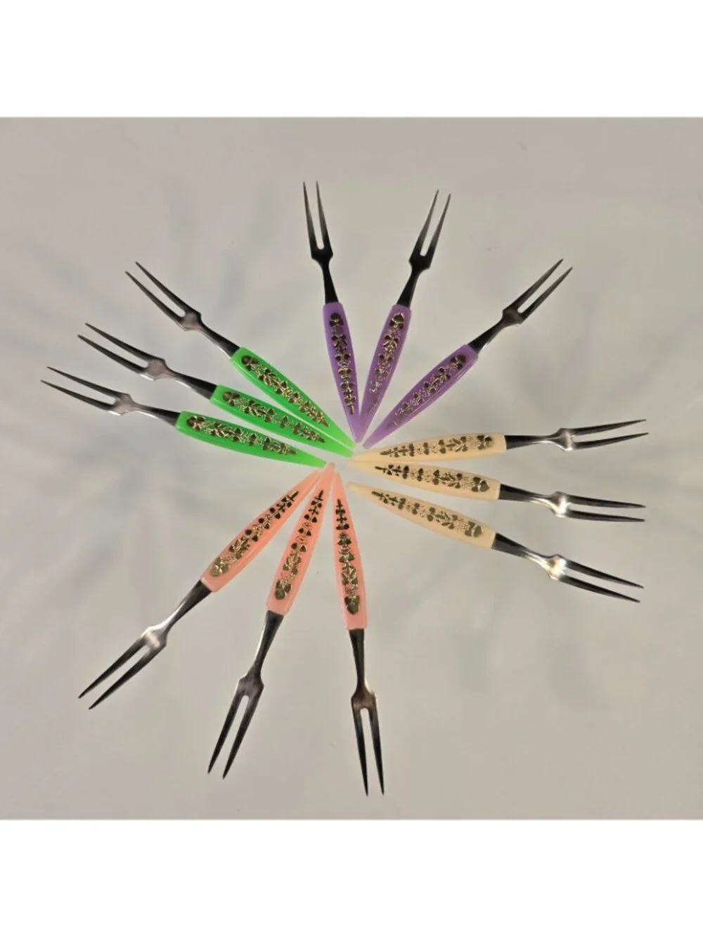 Vintage 12 Cocktail Hors D'oeuvres Forks Multicolor Stainless Steel MCM Japan
