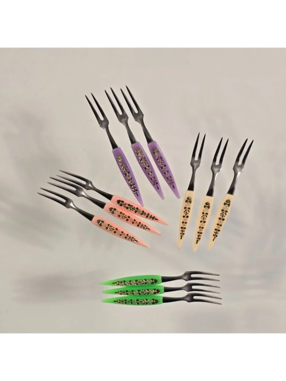 Vintage 12 Cocktail Hors D'oeuvres Forks Multicolor Stainless Steel MCM Japan