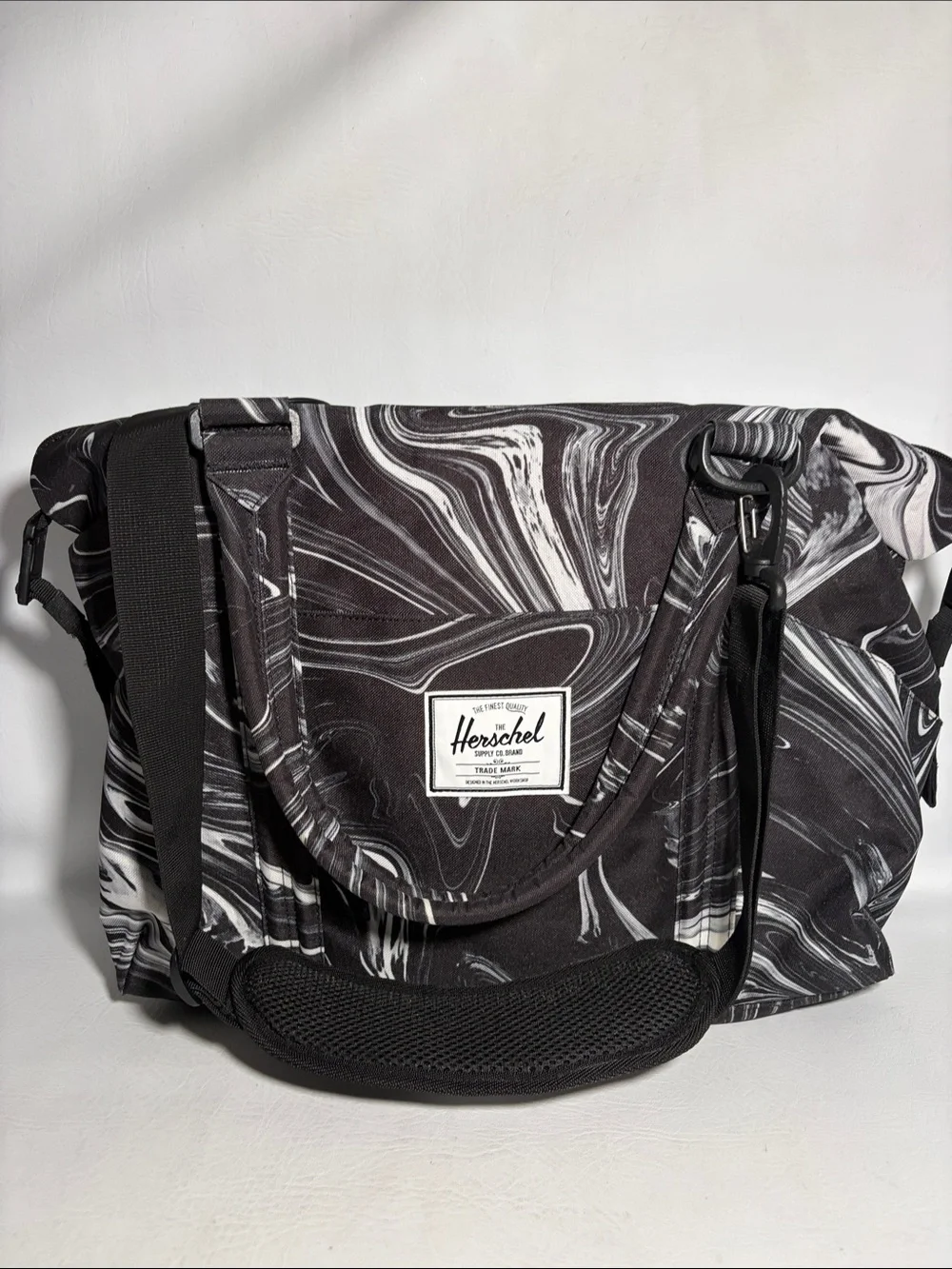 Herschel Supply Co. Black and White Marble Swirl Print Diaper Bag Double Handles