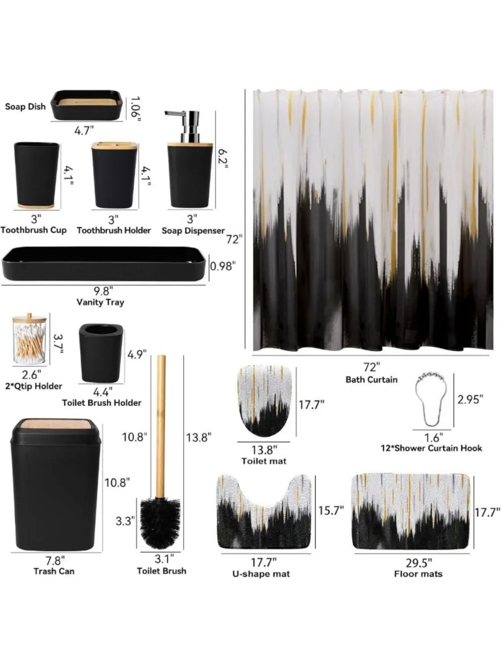 Stylish 24PCS Black Bathroom Accessories Set with Shower Curtain, Rugs & More
