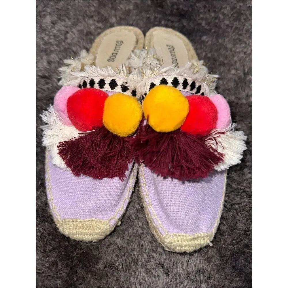 Soludos Coco Lilac Multicolor Pom Pom Espadrille Slides Sz 6 Anthroplogie Boho