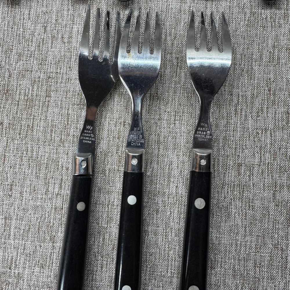 WF Mardi Gras Stainless‎ Flatware Set 12pc Black Riveted Handle Forks Spoons