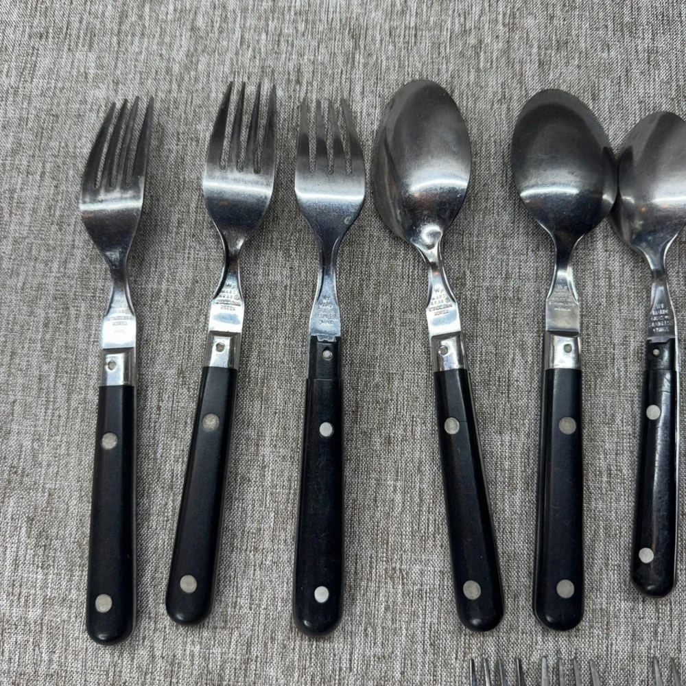 WF Mardi Gras Stainless‎ Flatware Set 12pc Black Riveted Handle Forks Spoons