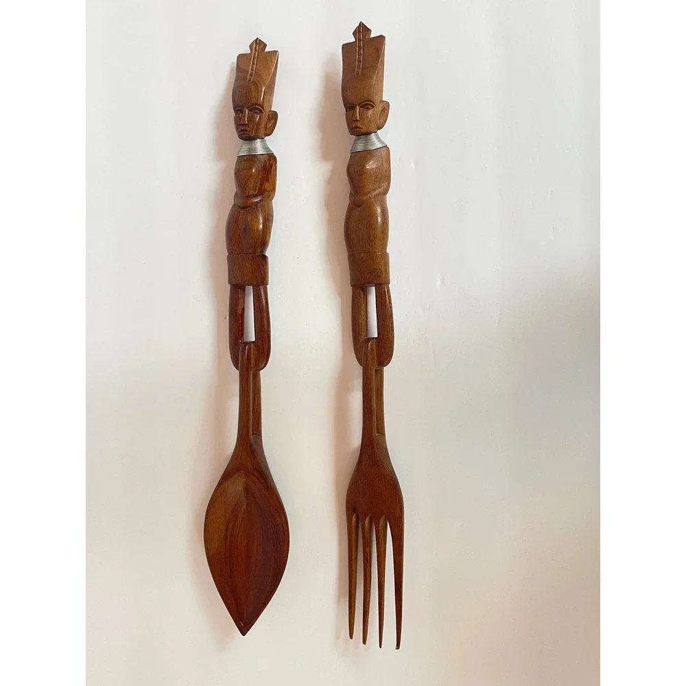 Vintage African Hand Carved Wood Salad Servers Set Kenya Tribal Figure 15.5 Inch
