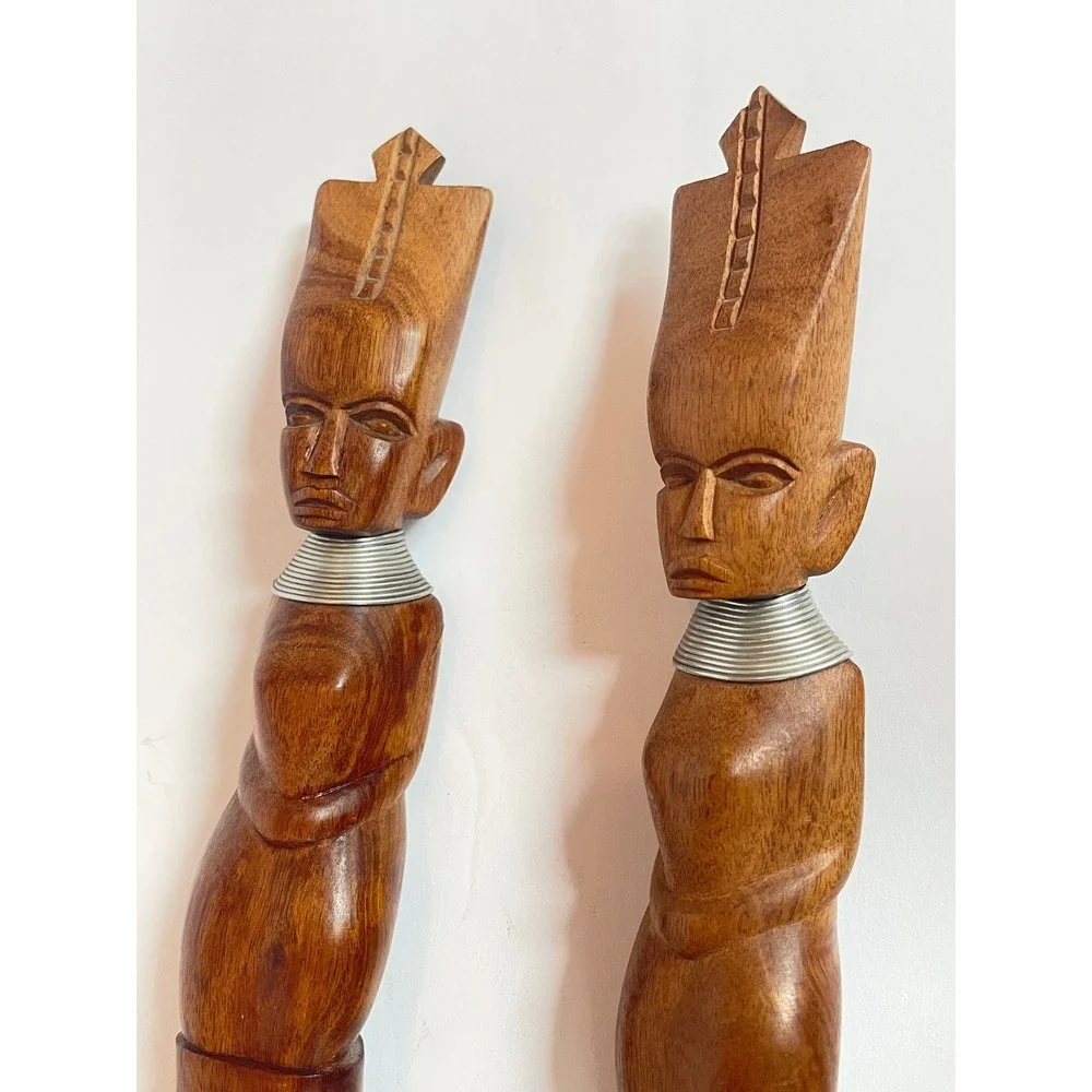 Vintage African Hand Carved Wood Salad Servers Set Kenya Tribal Figure 15.5 Inch