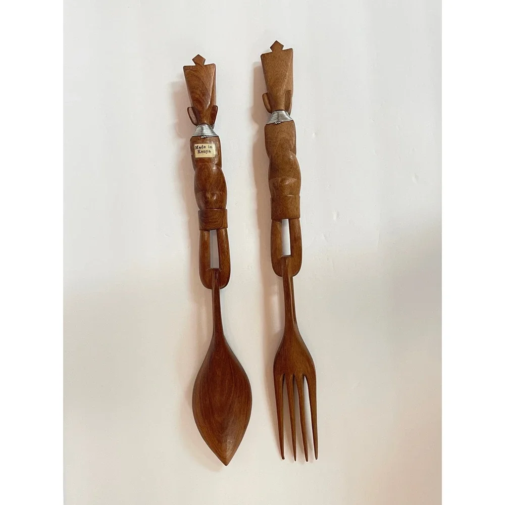 Vintage African Hand Carved Wood Salad Servers Set Kenya Tribal Figure 15.5 Inch