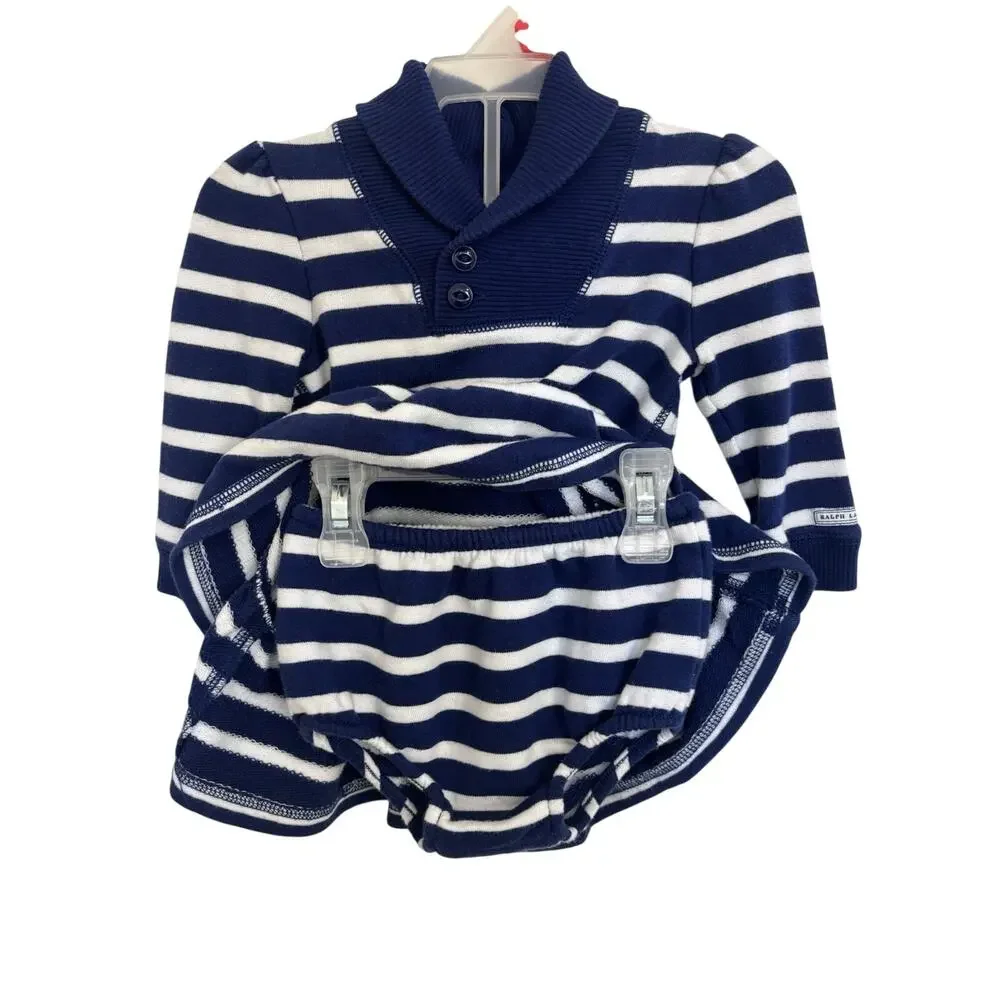 Ralph Lauren Baby Navy Striped Dress 2 Piece Set 9M Nautical Sailor Preppy