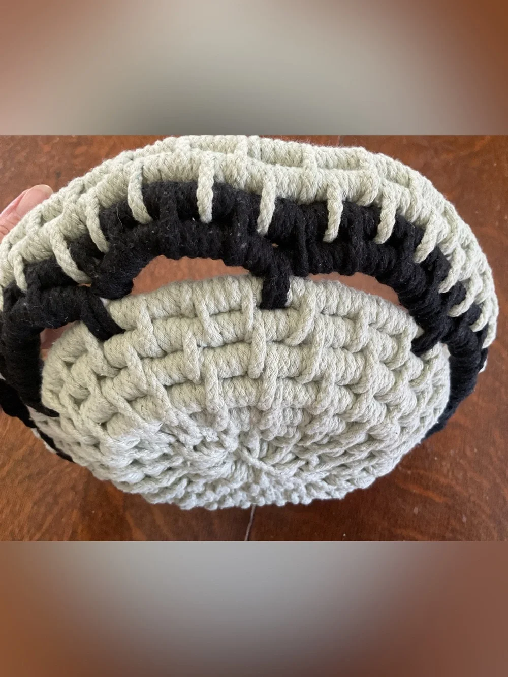Handmade Woven Rope Basket Bowl w/ Scalloped Top – Sage Green & Black