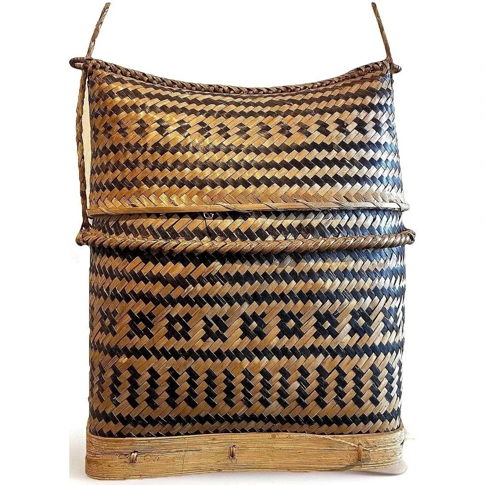 Vtg Philippine Tribal Double Weave Basket Lidded Shoulder Bag Tiruray Ifugao Art