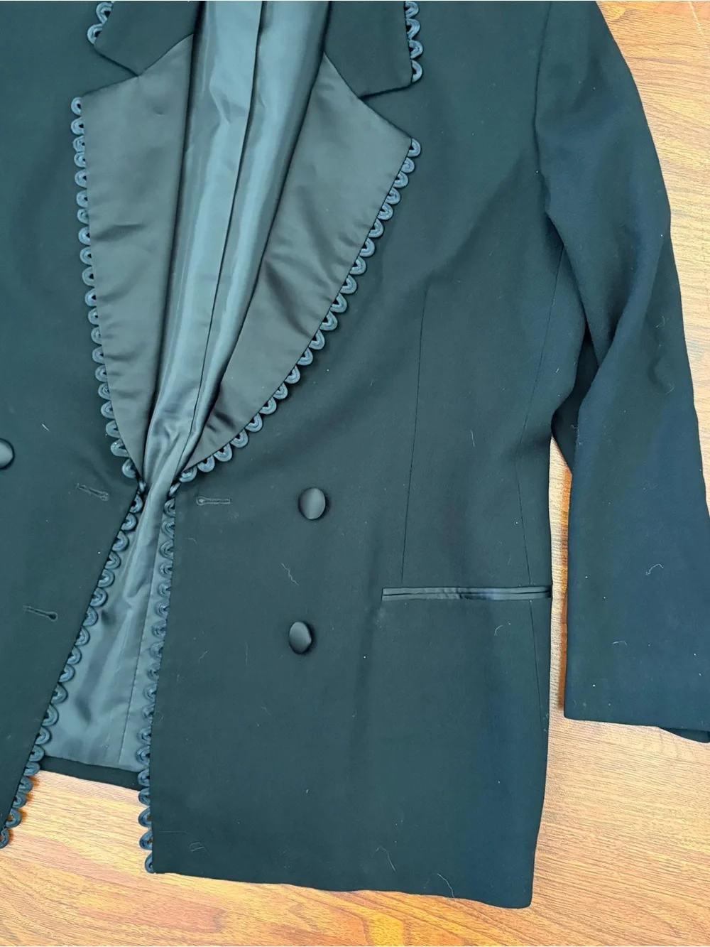 VTG Christian Dior Womens Double Breasted Blazer Jacket 18 Black Wool Satin Trim