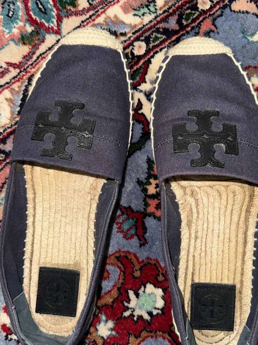 Tory Burch Weston Espadrille Flats Navy Canvas Logo Sz 9