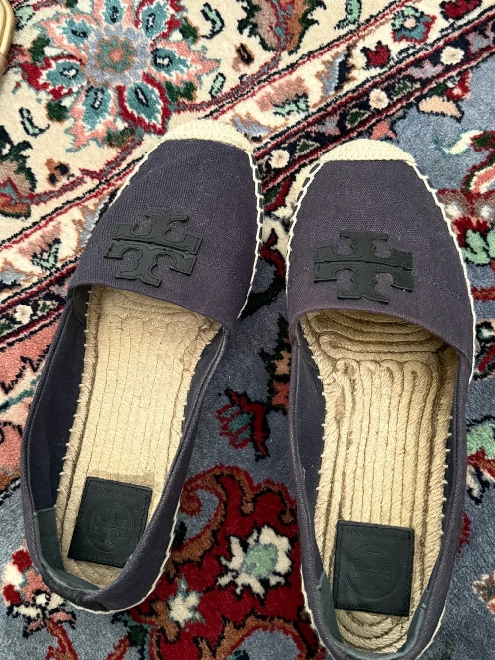 Tory Burch Weston Espadrille Flats Navy Canvas Logo Sz 9