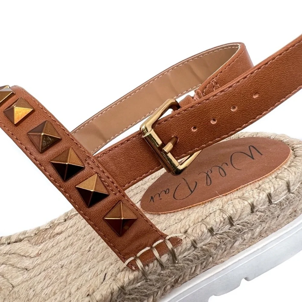 Wild Pair Espadrilles Yelenah Studded Strap Wedge Sandals Cognac Size 9