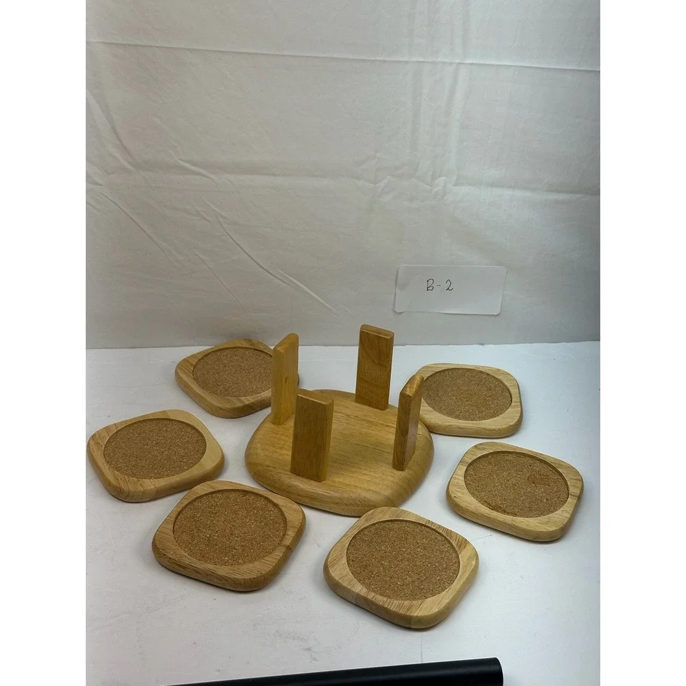 Wooden Coaster Set with Holder 6 Piece‎ Square Cork Inlay Storage Location B-2