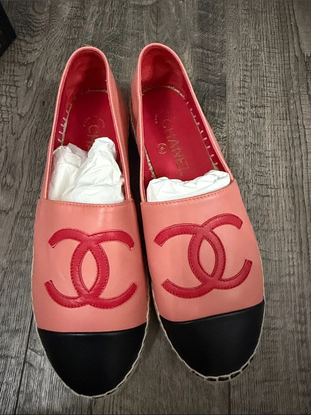 CHANEL Coral Pink Leather Espadrilles with Black Cap Toe