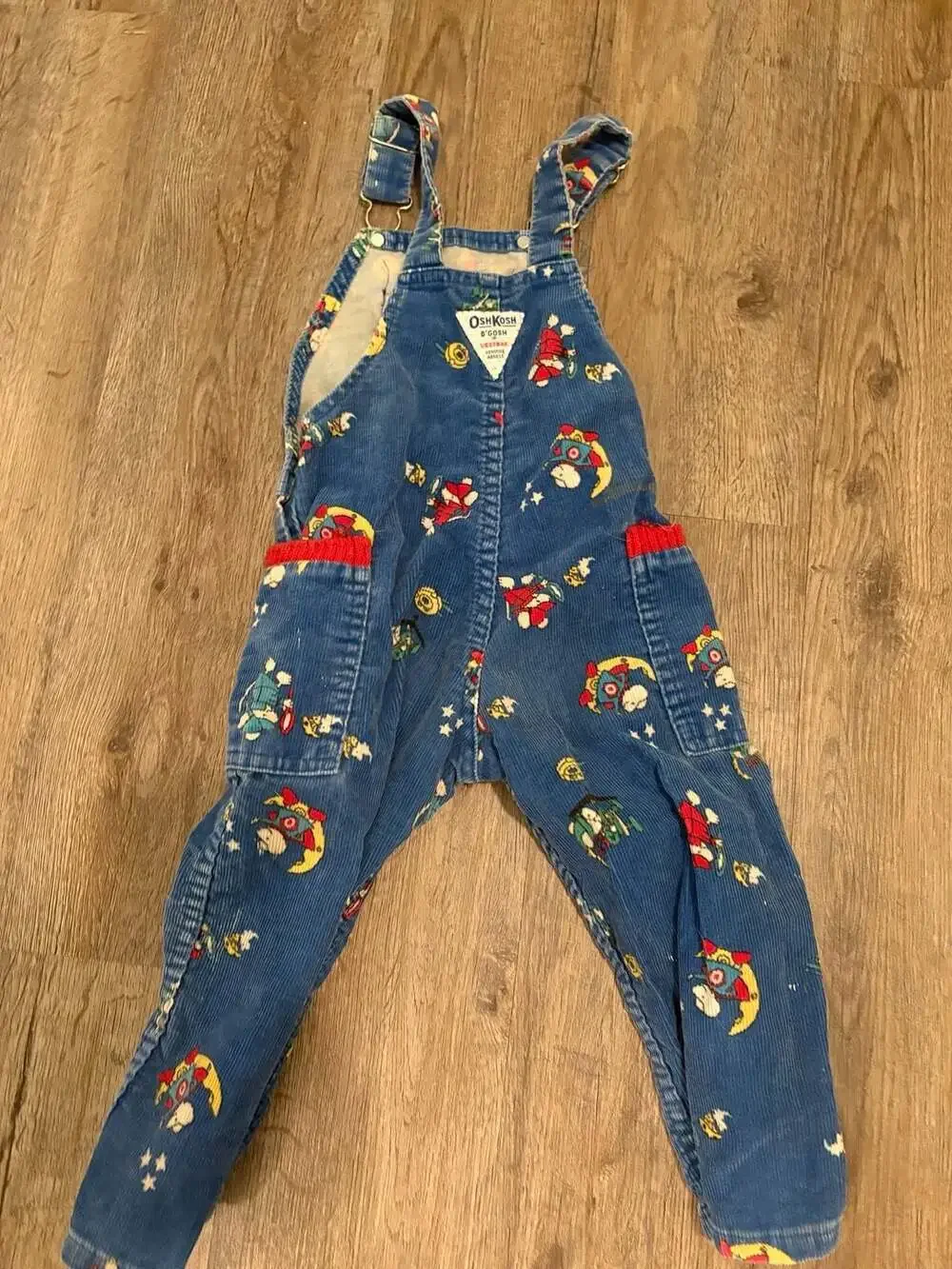 Vintage OshKosh B'gosh Blue Corduroy Astronaut Mouse Print Overalls Size 2T Made