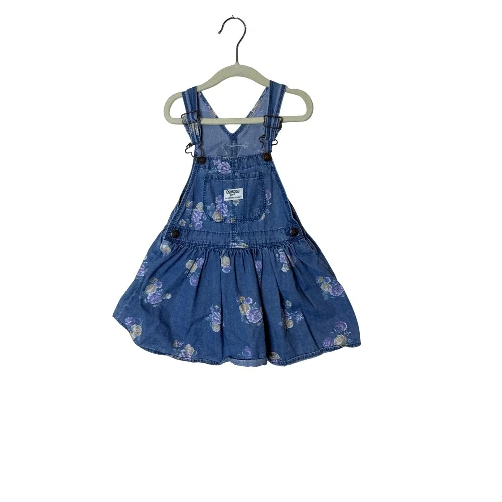OshKosh B'gosh Overall Dress Girls 3T Blue‎ Floral Denim Adjustable Skirt