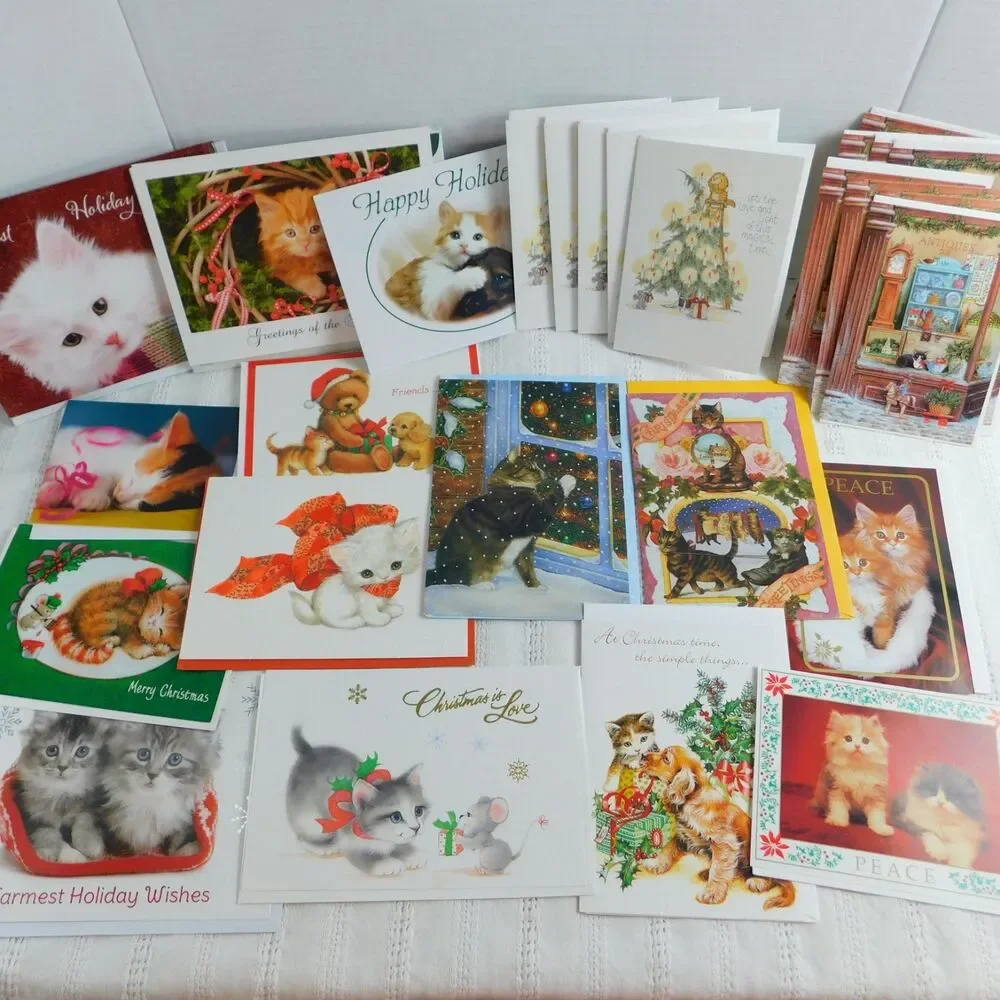 Christmas Greeting Cards Cats Kitties Lot of 31 w/ Envelopes Holiday Duplicates