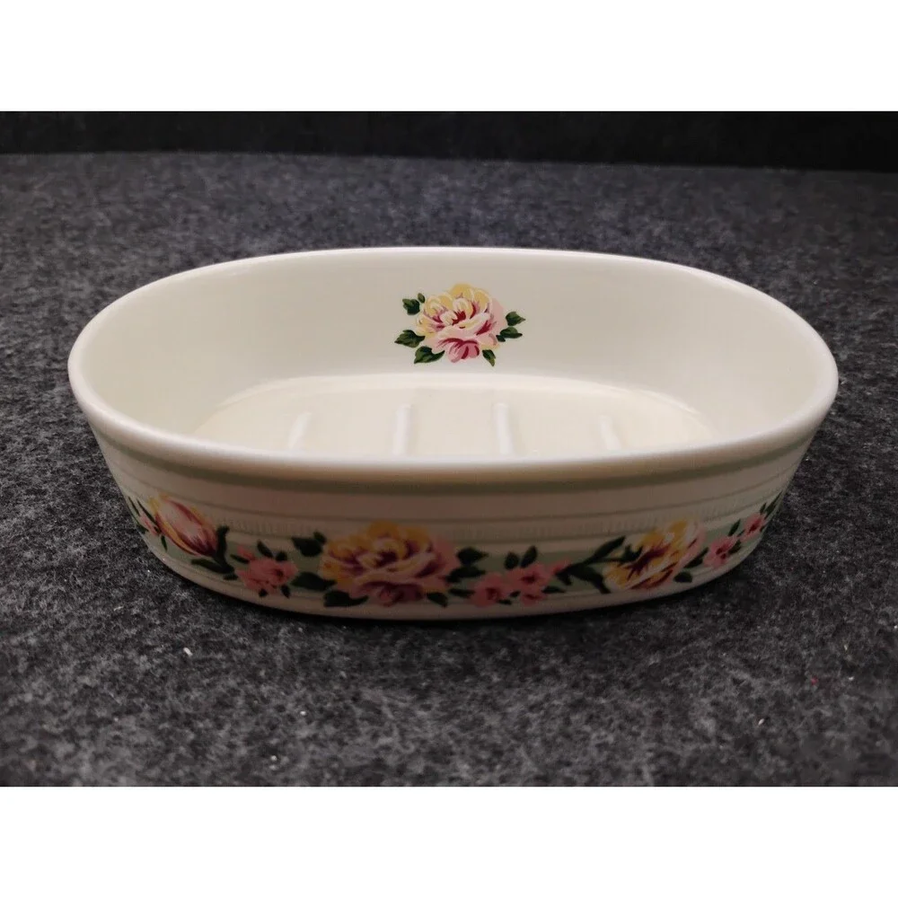Vintage CROSCILL Porcelain Bathelle Soap Dish Cottagecore Pink Roses Japan