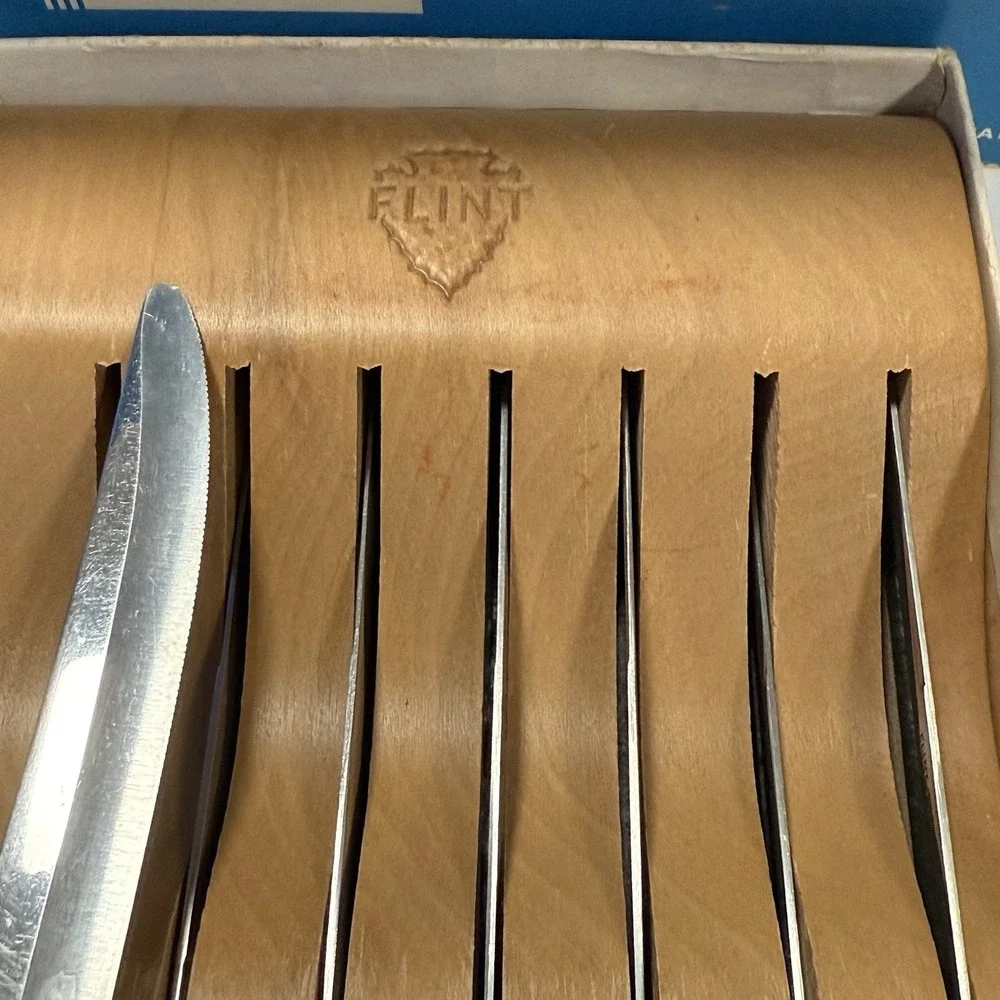 Ekco Flint Steakster Set 7 Steak Knives Stainless Vanadium Wood Holder Orig Box