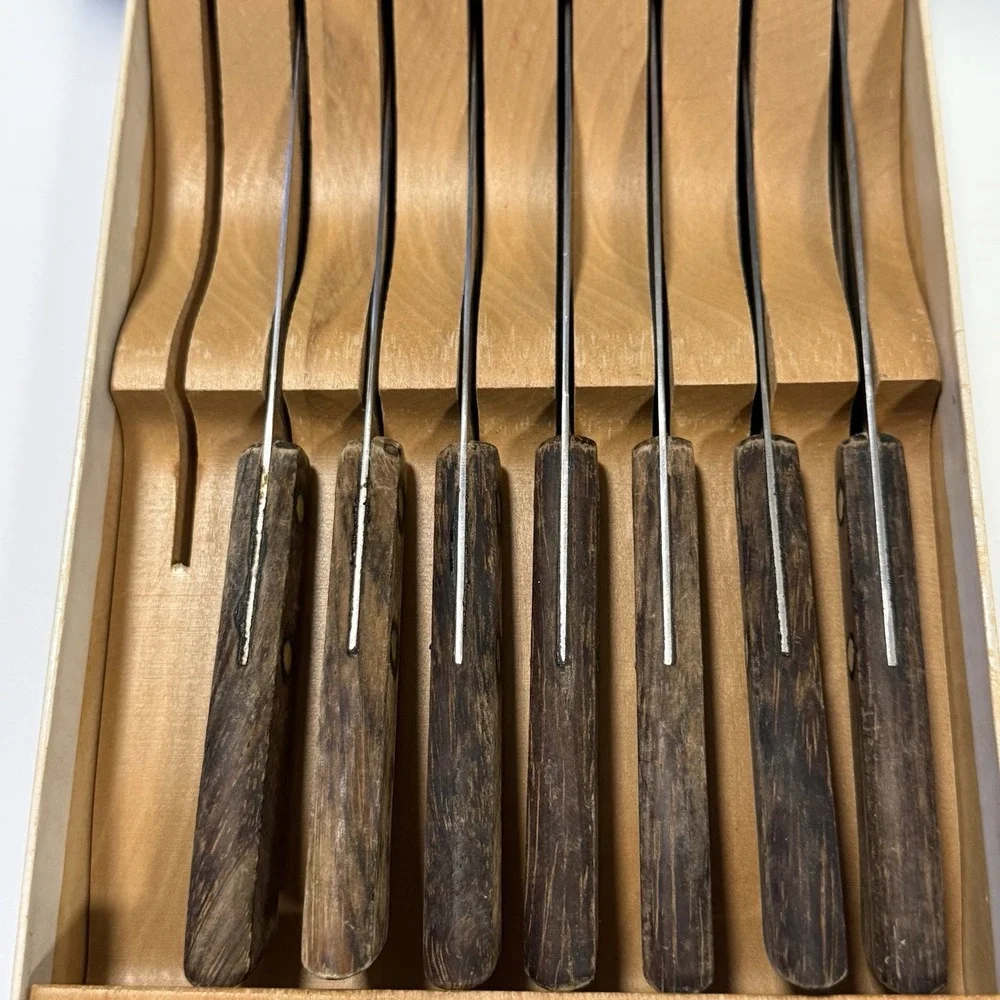 Ekco Flint Steakster Set 7 Steak Knives Stainless Vanadium Wood Holder Orig Box