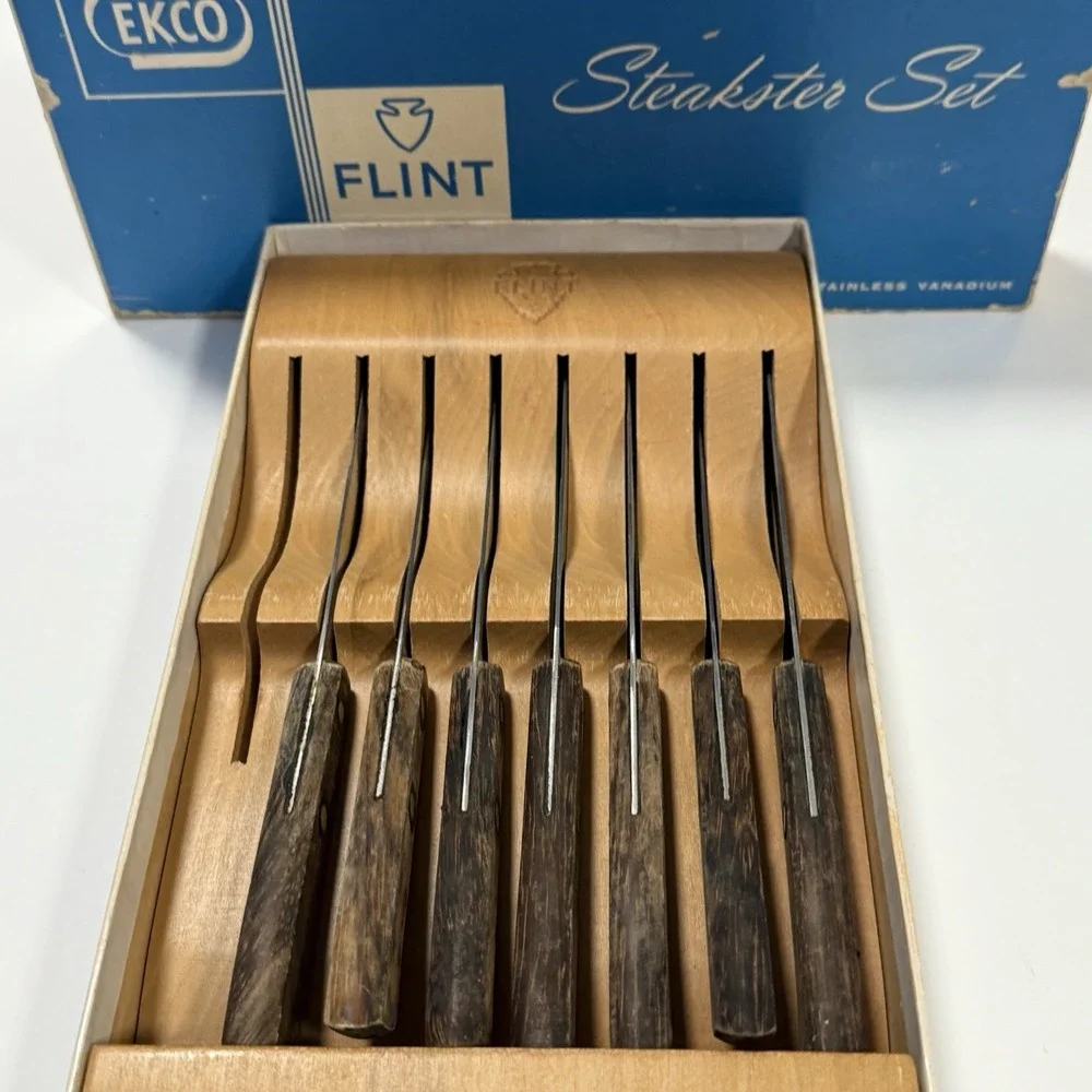 Ekco Flint Steakster Set 7 Steak Knives Stainless Vanadium Wood Holder Orig Box
